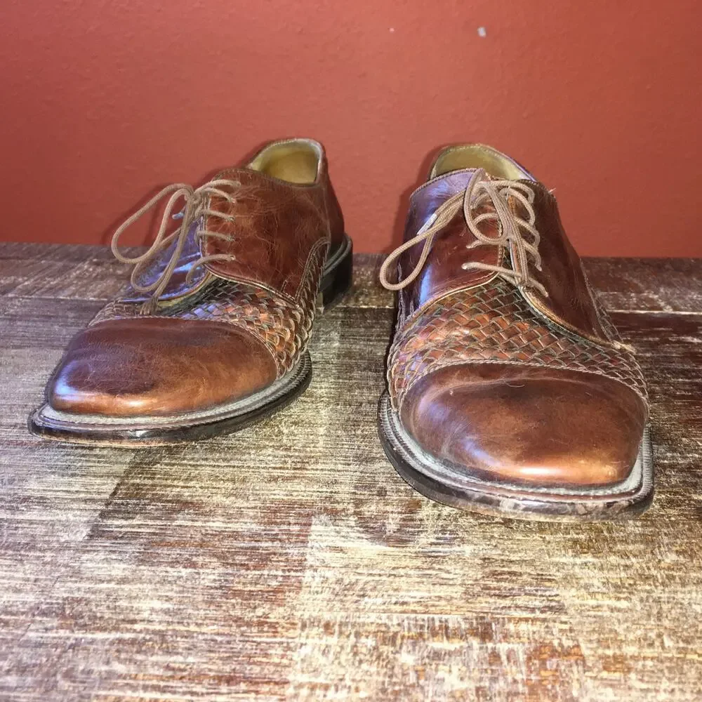 Folio New York Mens 10.5 Woven Italian Leather Oxford Brown Business CapToe Shoe